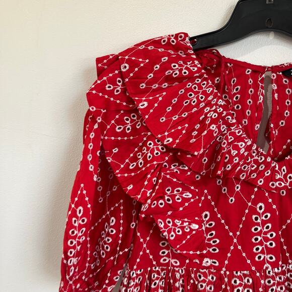 Zara Red Dress with Eyelet Embroidery Midi Length Size Small - Picture 6 of 16